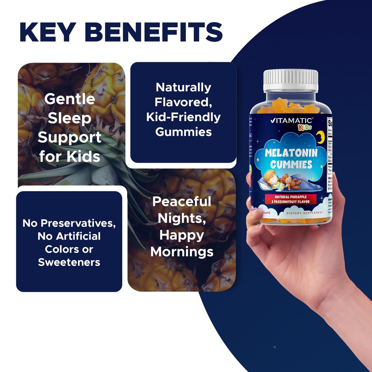 Vitamatic Zuckerfreie Melatonin Gummies für Kinder 1mg, 90 Fruchtgummis, Ananas & Passionsfrucht Geschmack, 90 Tage Vorrat