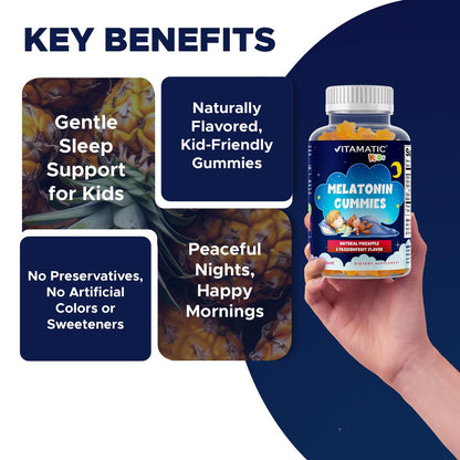 Vitamatic Zuckerfreie Melatonin Gummies für Kinder 1mg, 90 Fruchtgummis, Ananas & Passionsfrucht Geschmack, 90 Tage Vorrat