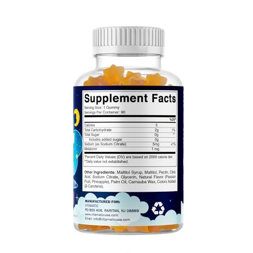 Vitamatic Zuckerfreie Melatonin Gummies für Kinder 1mg, 90 Fruchtgummis, Ananas & Passionsfrucht Geschmack, 90 Tage Vorrat