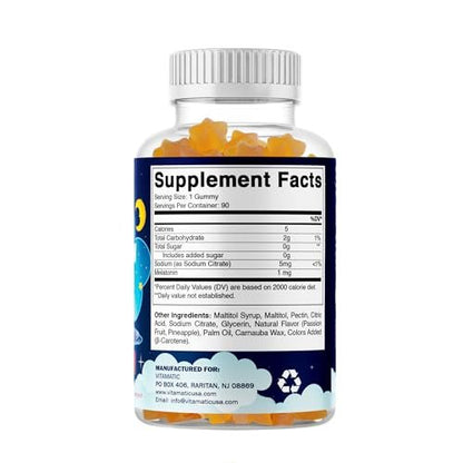 Vitamatic Zuckerfreie Melatonin Gummies für Kinder 1mg, 90 Fruchtgummis, Ananas & Passionsfrucht Geschmack, 90 Tage Vorrat