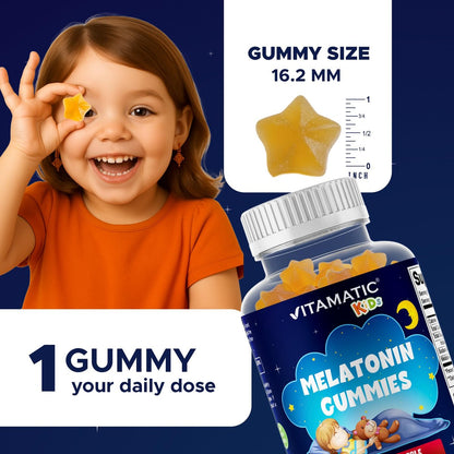 Vitamatic Zuckerfreie Melatonin Gummies für Kinder 1mg, 90 Fruchtgummis, Ananas & Passionsfrucht Geschmack, 90 Tage Vorrat