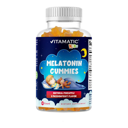 Vitamatic Zuckerfreie Melatonin Gummies für Kinder 1mg, 90 Fruchtgummis, Ananas & Passionsfrucht Geschmack, 90 Tage Vorrat
