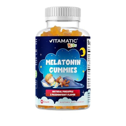 Vitamatic Zuckerfreie Melatonin Gummies für Kinder 1mg, 90 Fruchtgummis, Ananas & Passionsfrucht Geschmack, 90 Tage Vorrat