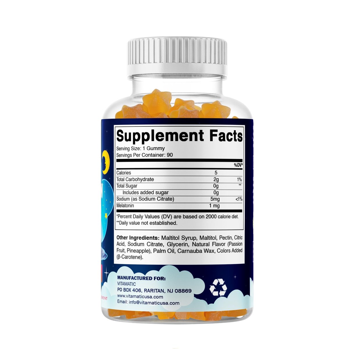Vitamatic Zuckerfreie Melatonin Gummies für Kinder 1mg, 90 Fruchtgummis, Ananas & Passionsfrucht Geschmack, 90 Tage Vorrat