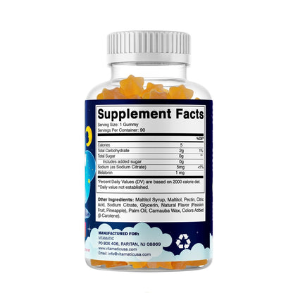 Vitamatic Zuckerfreie Melatonin Gummies für Kinder 1mg, 90 Fruchtgummis, Ananas & Passionsfrucht Geschmack, 90 Tage Vorrat
