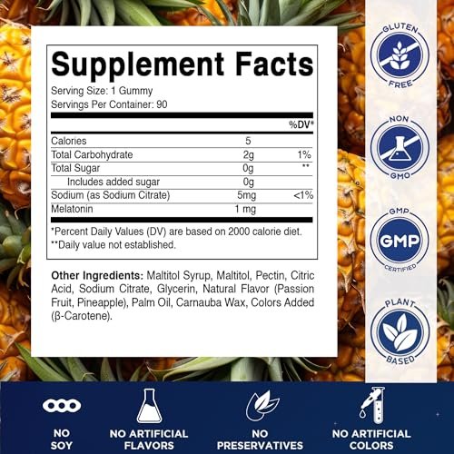 Vitamatic Zuckerfreie Melatonin Gummies für Kinder 1mg, 90 Fruchtgummis, Ananas & Passionsfrucht Geschmack, 90 Tage Vorrat