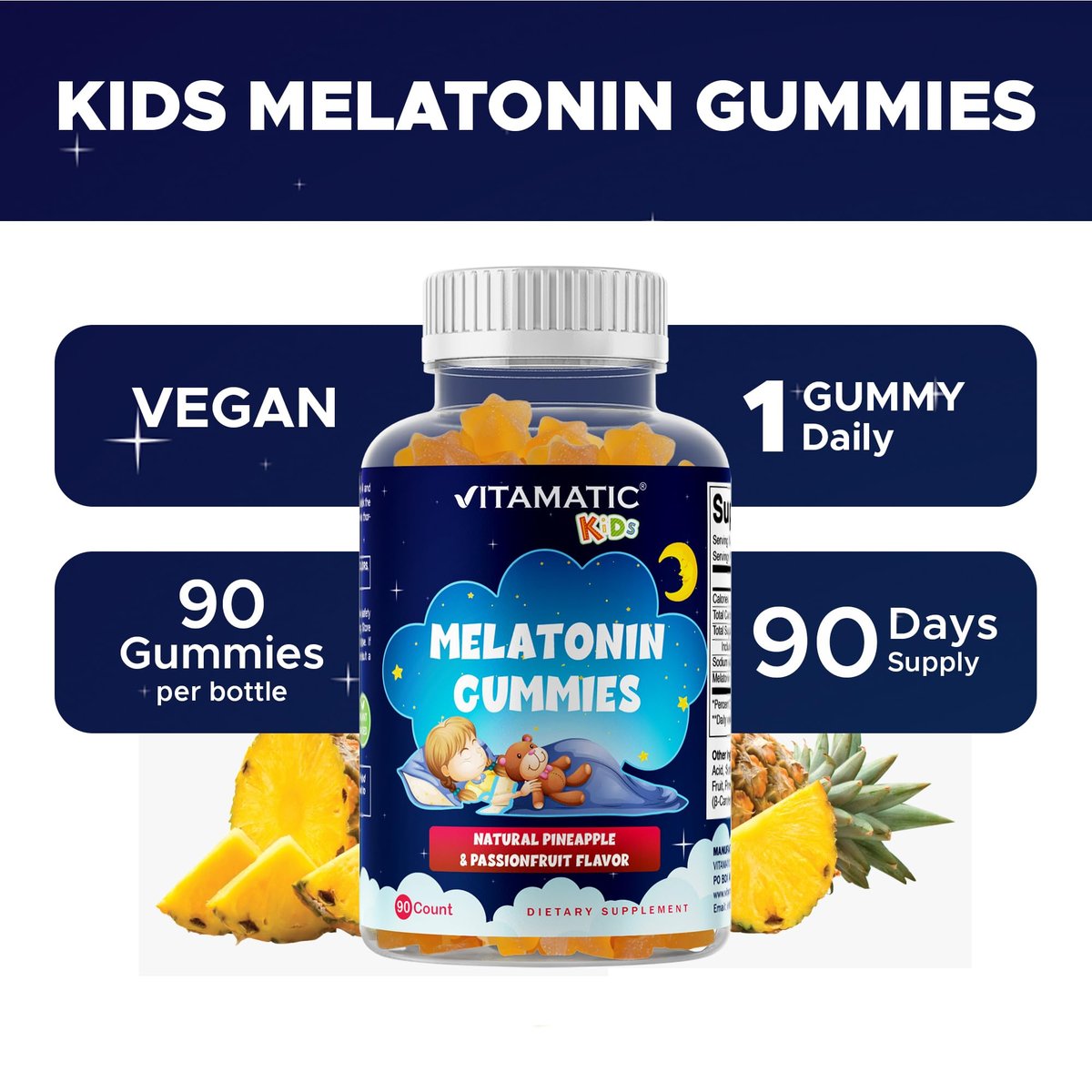 Vitamatic Zuckerfreie Melatonin Gummies für Kinder 1mg, 90 Fruchtgummis, Ananas & Passionsfrucht Geschmack, 90 Tage Vorrat