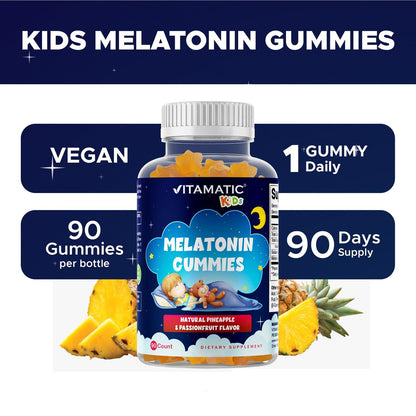 Vitamatic Zuckerfreie Melatonin Gummies für Kinder 1mg, 90 Fruchtgummis, Ananas & Passionsfrucht Geschmack, 90 Tage Vorrat