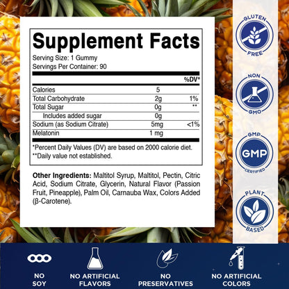 Vitamatic Zuckerfreie Melatonin Gummies für Kinder 1mg, 90 Fruchtgummis, Ananas & Passionsfrucht Geschmack, 90 Tage Vorrat