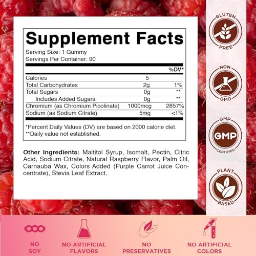 Vitamatic Chrompicolinat 1000 mcg – 90 Gummis – Hochdosiertes Chrom – Himbeergeschmack