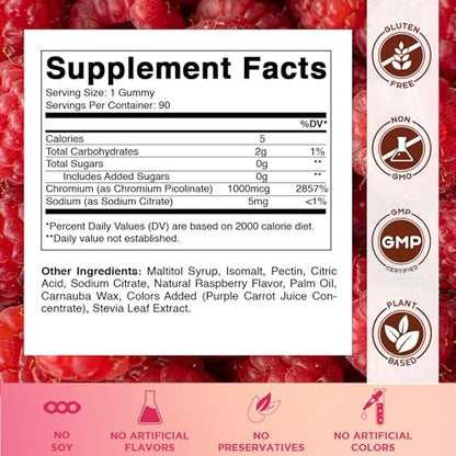 Vitamatic Chrompicolinat 1000 mcg – 90 Gummis – Hochdosiertes Chrom – Himbeergeschmack