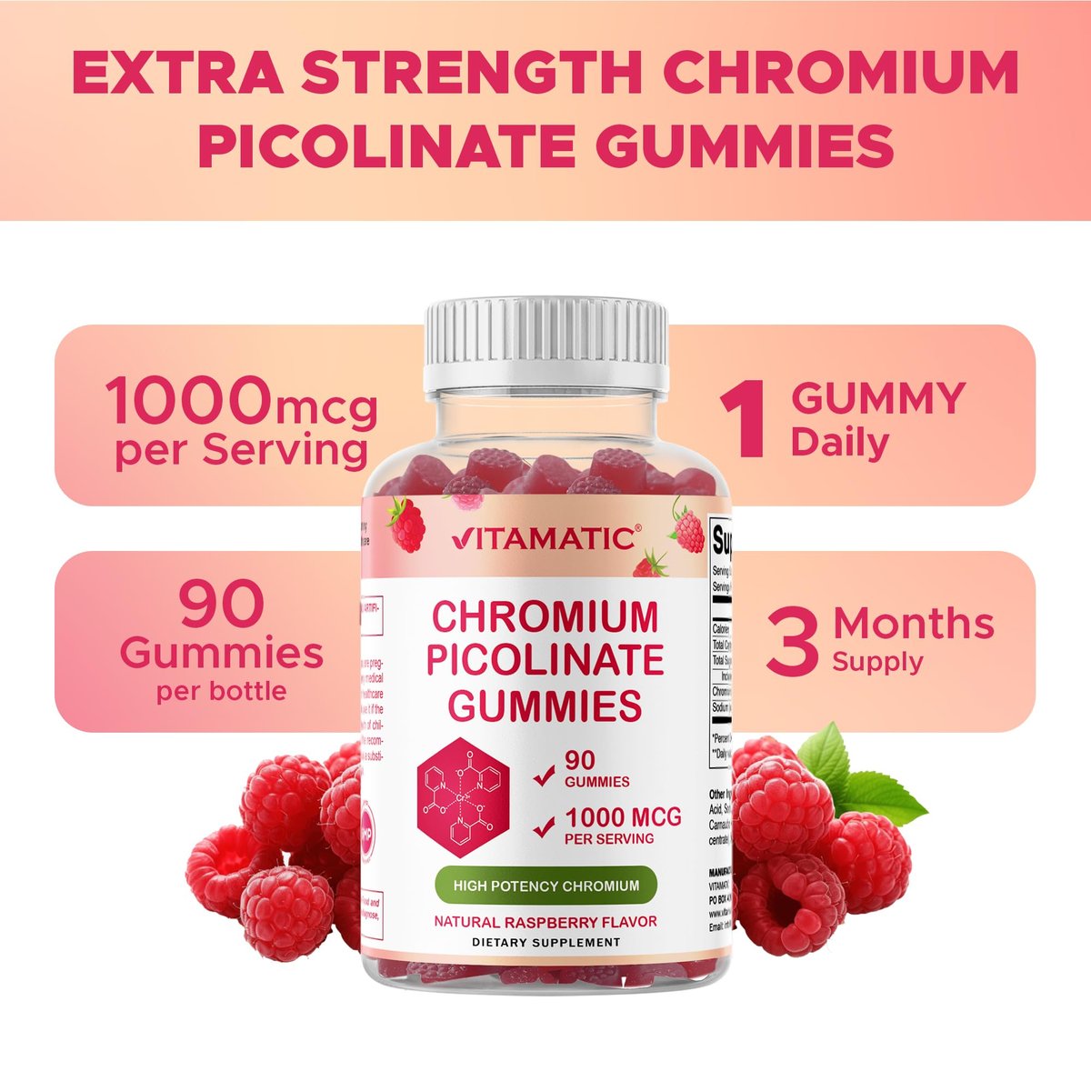 Vitamatic Chrompicolinat 1000 mcg – 90 Gummis – Hochdosiertes Chrom – Himbeergeschmack