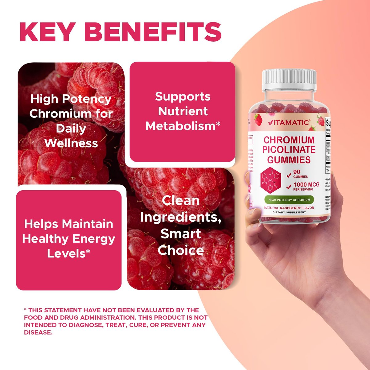 Vitamatic Chrompicolinat 1000 mcg – 90 Gummis – Hochdosiertes Chrom – Himbeergeschmack