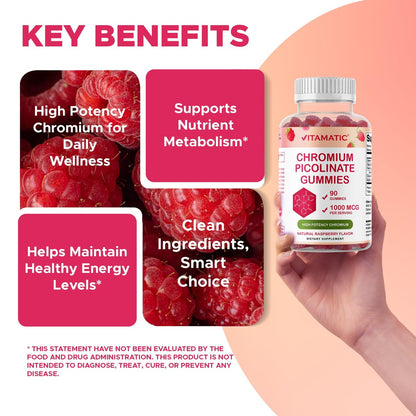 Vitamatic Chrompicolinat 1000 mcg – 90 Gummis – Hochdosiertes Chrom – Himbeergeschmack