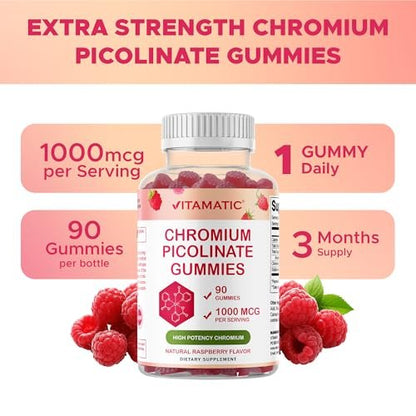 Vitamatic Chrompicolinat 1000 mcg – 90 Gummis – Hochdosiertes Chrom – Himbeergeschmack