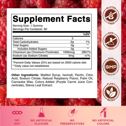 Vitamatic Chrompicolinat 1000 mcg – 90 Gummis – Hochdosiertes Chrom – Himbeergeschmack