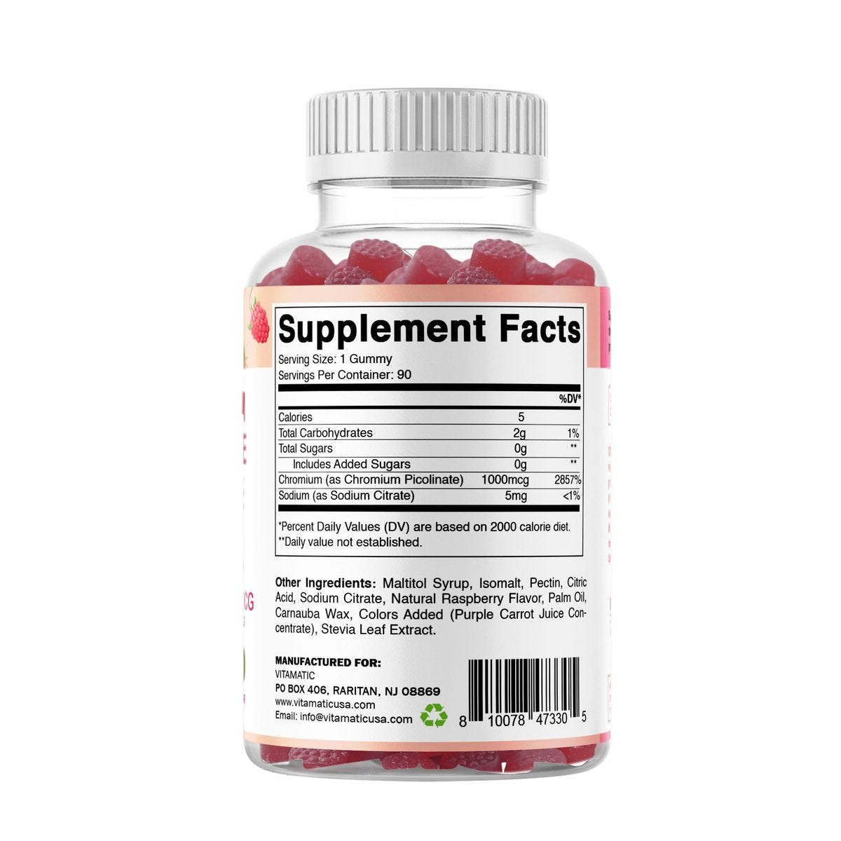 Vitamatic Chrompicolinat 1000 mcg – 90 Gummis – Hochdosiertes Chrom – Himbeergeschmack