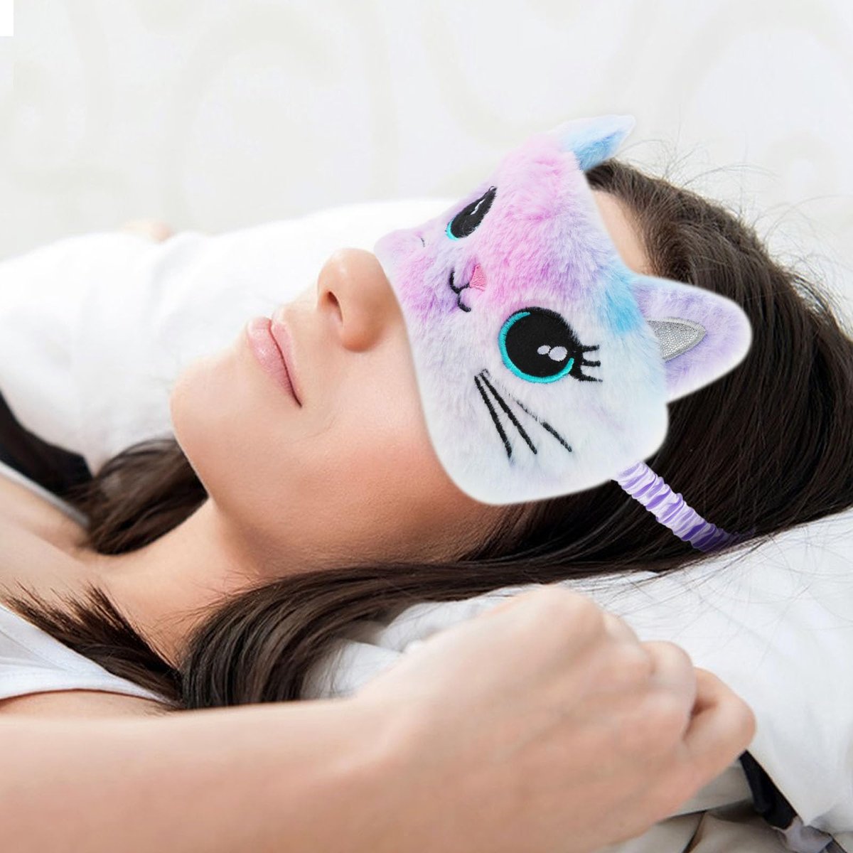 2 Stücke Plüsch Schlafmaske, weiche Schlafbrille, bequeme, niedliche Tiermaske aus Satin für Nickerchen, Nacht, Augenabdeckung für Frauen Männer Geschenk (Bunt, Katzenstil)
