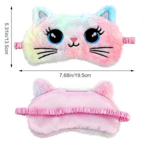2 Stücke Plüsch Schlafmaske, weiche Schlafbrille, bequeme, niedliche Tiermaske aus Satin für Nickerchen, Nacht, Augenabdeckung für Frauen Männer Geschenk (Bunt, Katzenstil)