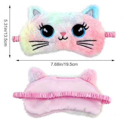 2 Stücke Plüsch Schlafmaske, weiche Schlafbrille, bequeme, niedliche Tiermaske aus Satin für Nickerchen, Nacht, Augenabdeckung für Frauen Männer Geschenk (Bunt, Katzenstil)