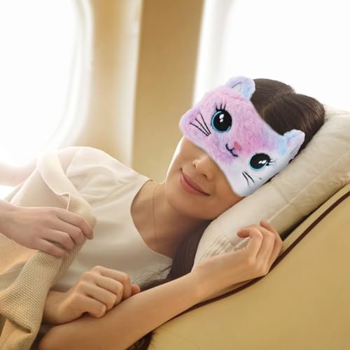 2 Stücke Plüsch Schlafmaske, weiche Schlafbrille, bequeme, niedliche Tiermaske aus Satin für Nickerchen, Nacht, Augenabdeckung für Frauen Männer Geschenk (Bunt, Katzenstil)