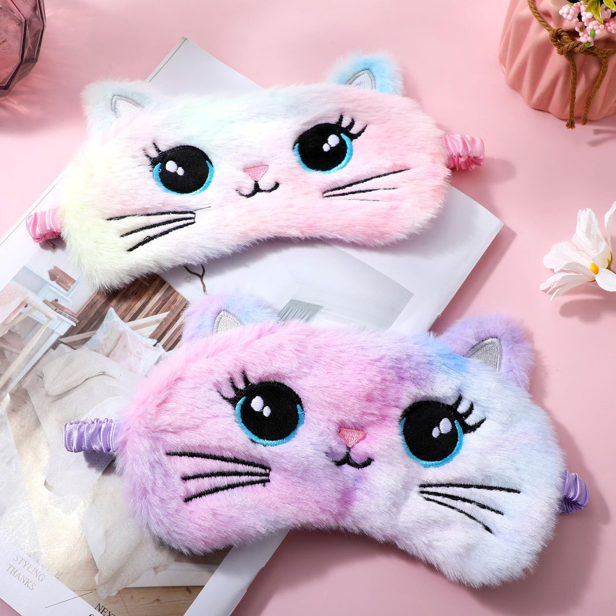 2 Stücke Plüsch Schlafmaske, weiche Schlafbrille, bequeme, niedliche Tiermaske aus Satin für Nickerchen, Nacht, Augenabdeckung für Frauen Männer Geschenk (Bunt, Katzenstil)