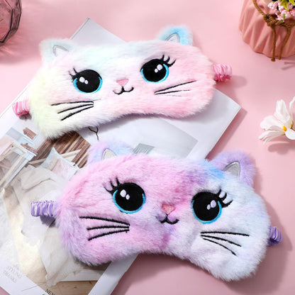 2 Stücke Plüsch Schlafmaske, weiche Schlafbrille, bequeme, niedliche Tiermaske aus Satin für Nickerchen, Nacht, Augenabdeckung für Frauen Männer Geschenk (Bunt, Katzenstil)