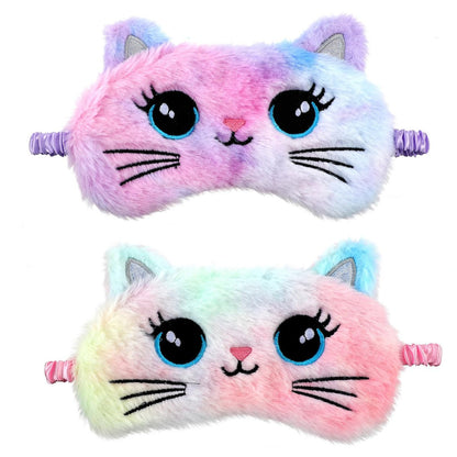 2 Stücke Plüsch Schlafmaske, weiche Schlafbrille, bequeme, niedliche Tiermaske aus Satin für Nickerchen, Nacht, Augenabdeckung für Frauen Männer Geschenk (Bunt, Katzenstil)