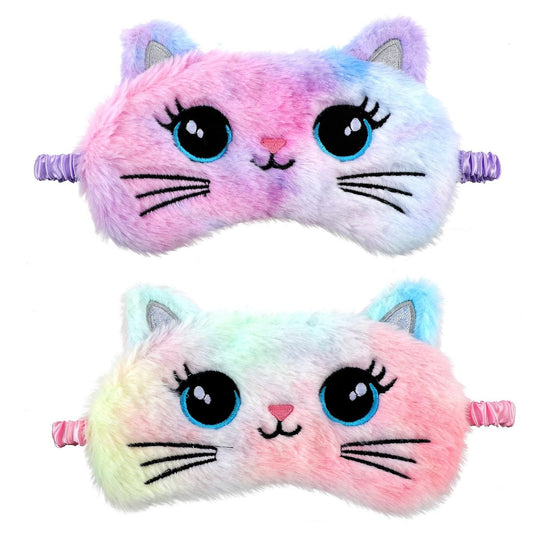 2 Stücke Plüsch Schlafmaske, weiche Schlafbrille, bequeme, niedliche Tiermaske aus Satin für Nickerchen, Nacht, Augenabdeckung für Frauen Männer Geschenk (Bunt, Katzenstil)