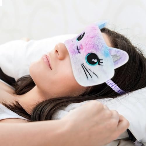 2 Stücke Plüsch Schlafmaske, weiche Schlafbrille, bequeme, niedliche Tiermaske aus Satin für Nickerchen, Nacht, Augenabdeckung für Frauen Männer Geschenk (Bunt, Katzenstil)