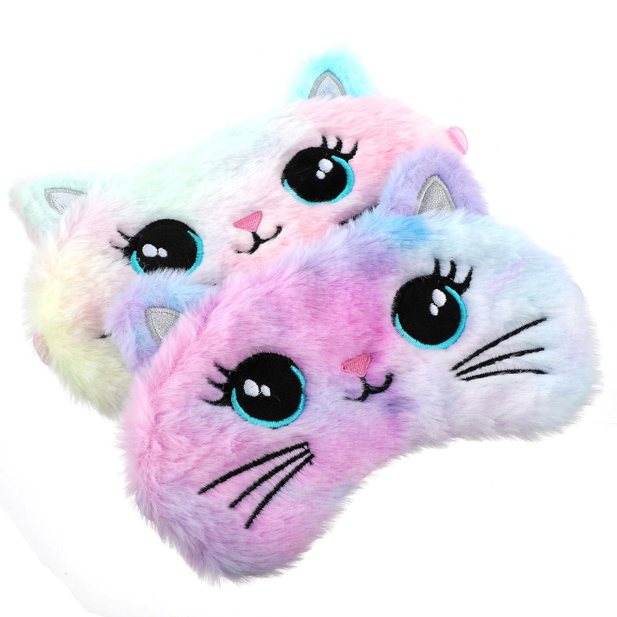 2 Stücke Plüsch Schlafmaske, weiche Schlafbrille, bequeme, niedliche Tiermaske aus Satin für Nickerchen, Nacht, Augenabdeckung für Frauen Männer Geschenk (Bunt, Katzenstil)