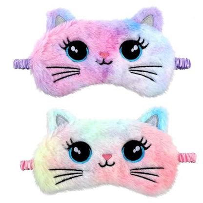 2 Stücke Plüsch Schlafmaske, weiche Schlafbrille, bequeme, niedliche Tiermaske aus Satin für Nickerchen, Nacht, Augenabdeckung für Frauen Männer Geschenk (Bunt, Katzenstil)