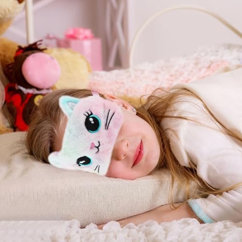 2 Stücke Plüsch Schlafmaske, weiche Schlafbrille, bequeme, niedliche Tiermaske aus Satin für Nickerchen, Nacht, Augenabdeckung für Frauen Männer Geschenk (Bunt, Katzenstil)