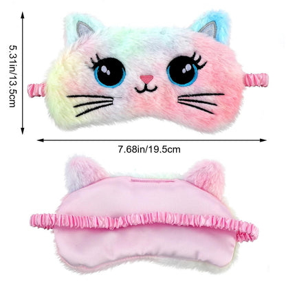 2 Stücke Plüsch Schlafmaske, weiche Schlafbrille, bequeme, niedliche Tiermaske aus Satin für Nickerchen, Nacht, Augenabdeckung für Frauen Männer Geschenk (Bunt, Katzenstil)
