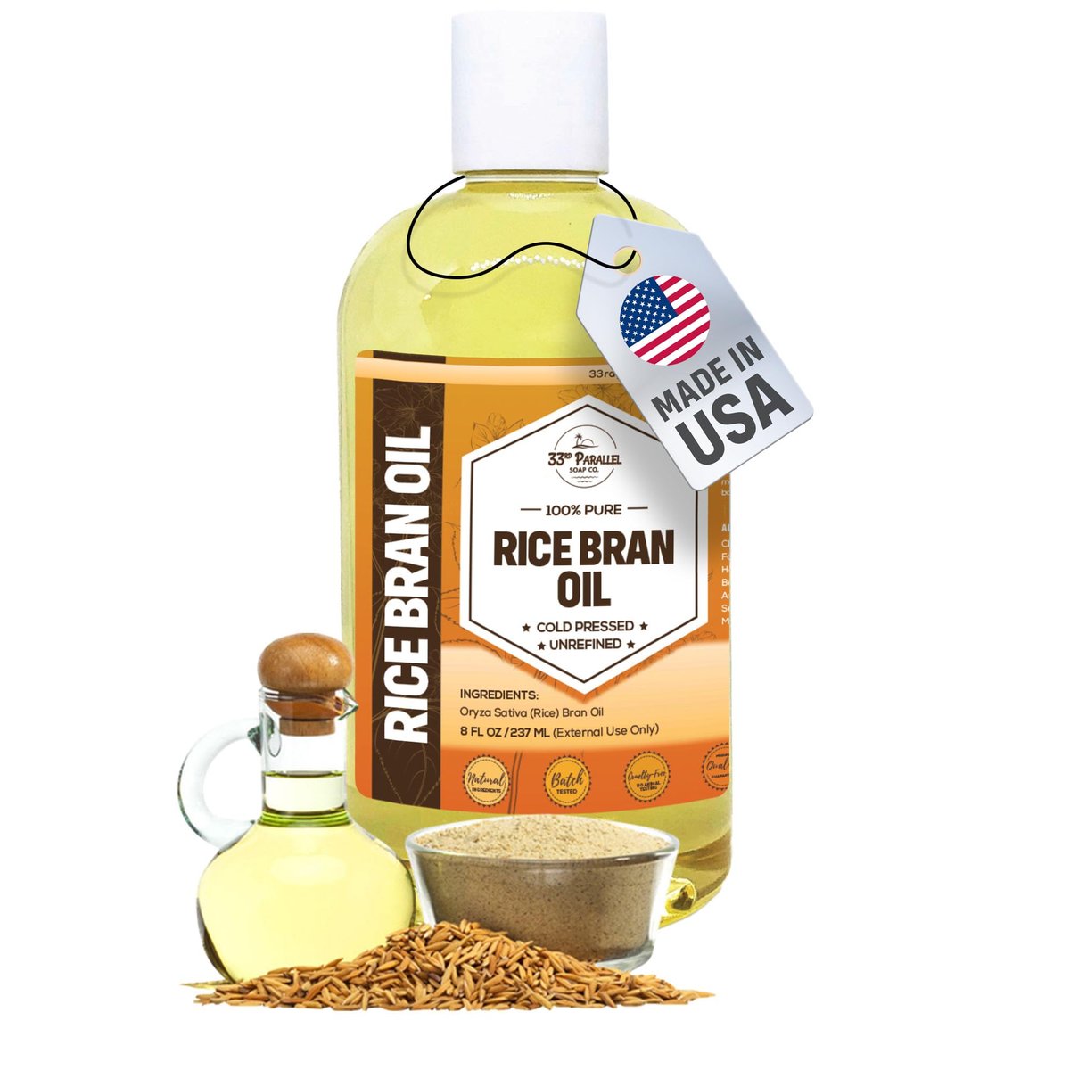ORGANISCHES REISKLEIEÖL (240 ml) Premium Kaltgepresst Unraffiniert | 100% Reines Reiskleieöl für Haut, Gesicht, Haare, Seifenherstellung | Trägeröl für ätherische Öle | Auch in Großgebinden erhältlich | 240 ml