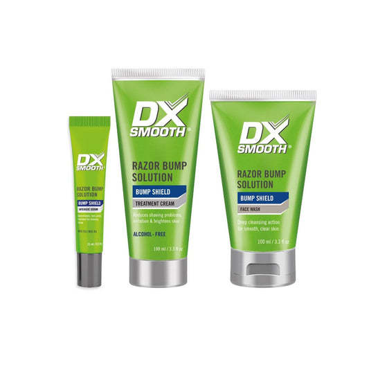 DX Smooth Bump Shield Combo Set für Männer | Set gegen Rasierpickel und eingewachsene Haare | Gesichtsreiniger, Intensivserum, Tägliche Feuchtigkeitscreme | Vegan, tierversuchsfrei