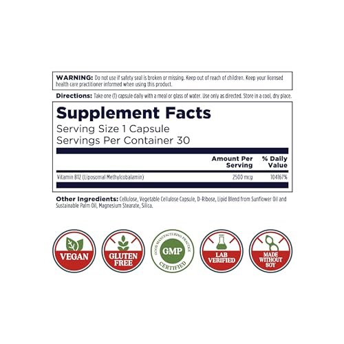 KAL Liposomales Vitamin B12 2500 mcg – Hohe Absorption, Liposomale Technologie, Unterstützt die Zellenergie, Vegane Kapseln, Glutenfrei, Ohne Soja, 30 Portionen
