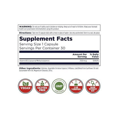 KAL Liposomales Vitamin B12 2500 mcg – Hohe Absorption, Liposomale Technologie, Unterstützt die Zellenergie, Vegane Kapseln, Glutenfrei, Ohne Soja, 30 Portionen