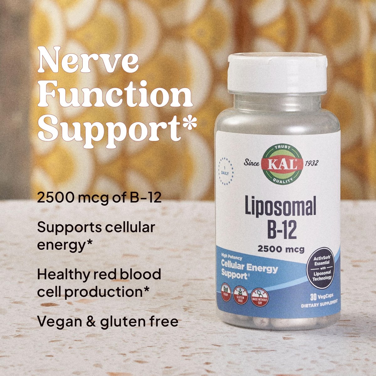 KAL Liposomales Vitamin B12 2500 mcg – Hohe Absorption, Liposomale Technologie, Unterstützt die Zellenergie, Vegane Kapseln, Glutenfrei, Ohne Soja, 30 Portionen