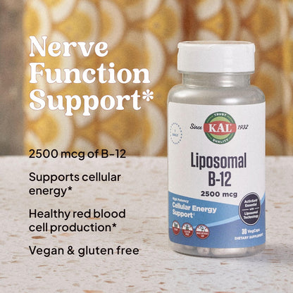 KAL Liposomales Vitamin B12 2500 mcg – Hohe Absorption, Liposomale Technologie, Unterstützt die Zellenergie, Vegane Kapseln, Glutenfrei, Ohne Soja, 30 Portionen
