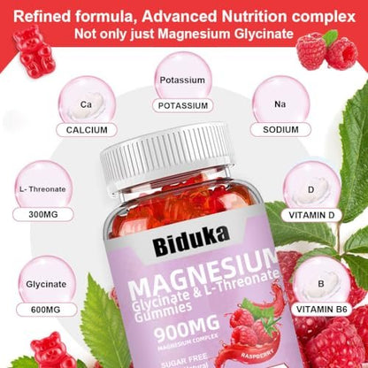 Biduka 900mg Magnesium Glycinat Gummies, 65 Stück, Zuckerfrei, Magnesiumkomplex mit L-Threonat, Kalium, Vitamin D, B6, CoQ10 – Entspannungsergänzung, Himbeergeschmack