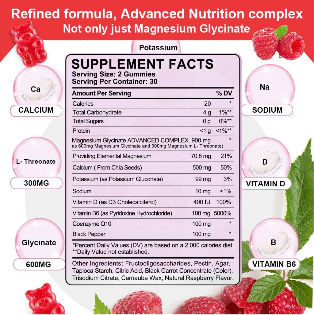 Biduka 900mg Magnesium Glycinat Gummies, 65 Stück, Zuckerfrei, Magnesiumkomplex mit L-Threonat, Kalium, Vitamin D, B6, CoQ10 – Entspannungsergänzung, Himbeergeschmack