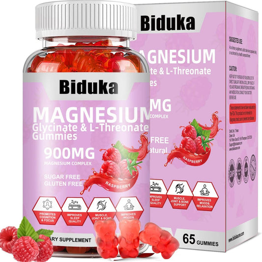 Biduka 900mg Magnesium Glycinat Gummies, 65 Stück, Zuckerfrei, Magnesiumkomplex mit L-Threonat, Kalium, Vitamin D, B6, CoQ10 – Entspannungsergänzung, Himbeergeschmack