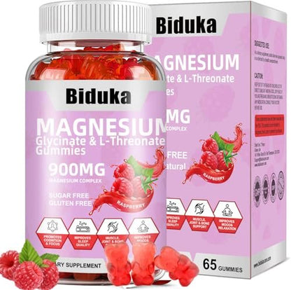 Biduka 900mg Magnesium Glycinat Gummies, 65 Stück, Zuckerfrei, Magnesiumkomplex mit L-Threonat, Kalium, Vitamin D, B6, CoQ10 – Entspannungsergänzung, Himbeergeschmack
