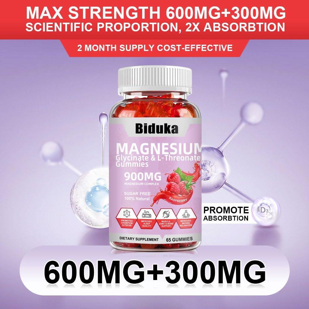 Biduka 900mg Magnesium Glycinat Gummies, 65 Stück, Zuckerfrei, Magnesiumkomplex mit L-Threonat, Kalium, Vitamin D, B6, CoQ10 – Entspannungsergänzung, Himbeergeschmack