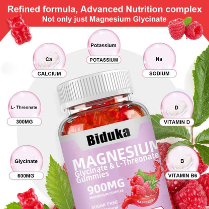 Biduka 900mg Magnesium Glycinat Gummies, 65 Stück, Zuckerfrei, Magnesiumkomplex mit L-Threonat, Kalium, Vitamin D, B6, CoQ10 – Entspannungsergänzung, Himbeergeschmack