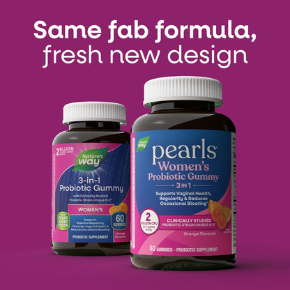 Nature's Way Pearls Probiotic Women's Gummy 3-in-1, Reduziert gelegentliche Blähungen*, Unterstützt Verdauungs- & Vaginalgesundheit*, Glutenfrei, Orangen Geschmack, 60 Gummis
