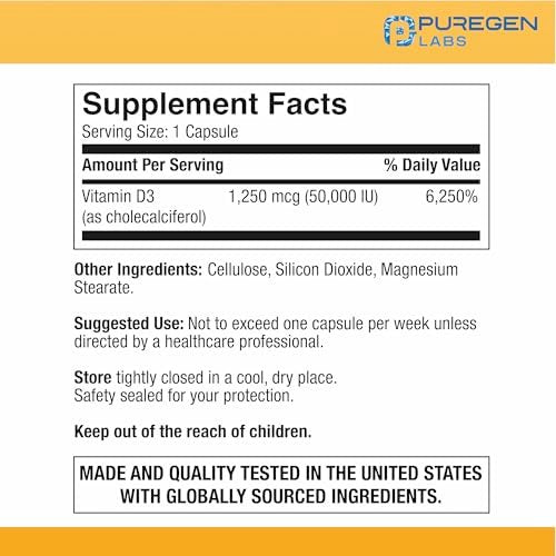 Puregen Labs Vitamin D3 50.000 IE (1250 mcg) – 100 Kapseln für 100 Wochen – Unterstützt gesunde Muskelfunktion und Immunsystem – Nicht-GVO, Glutenfrei