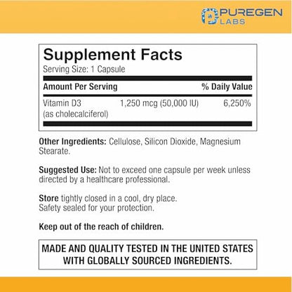 Puregen Labs Vitamin D3 50.000 IE (1250 mcg) – 100 Kapseln für 100 Wochen – Unterstützt gesunde Muskelfunktion und Immunsystem – Nicht-GVO, Glutenfrei