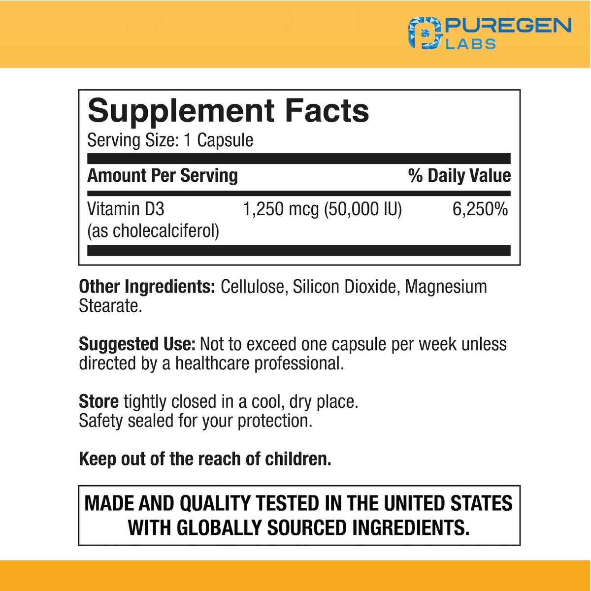 Puregen Labs Vitamin D3 50.000 IE (1250 mcg) – 100 Kapseln für 100 Wochen – Unterstützt gesunde Muskelfunktion und Immunsystem – Nicht-GVO, Glutenfrei